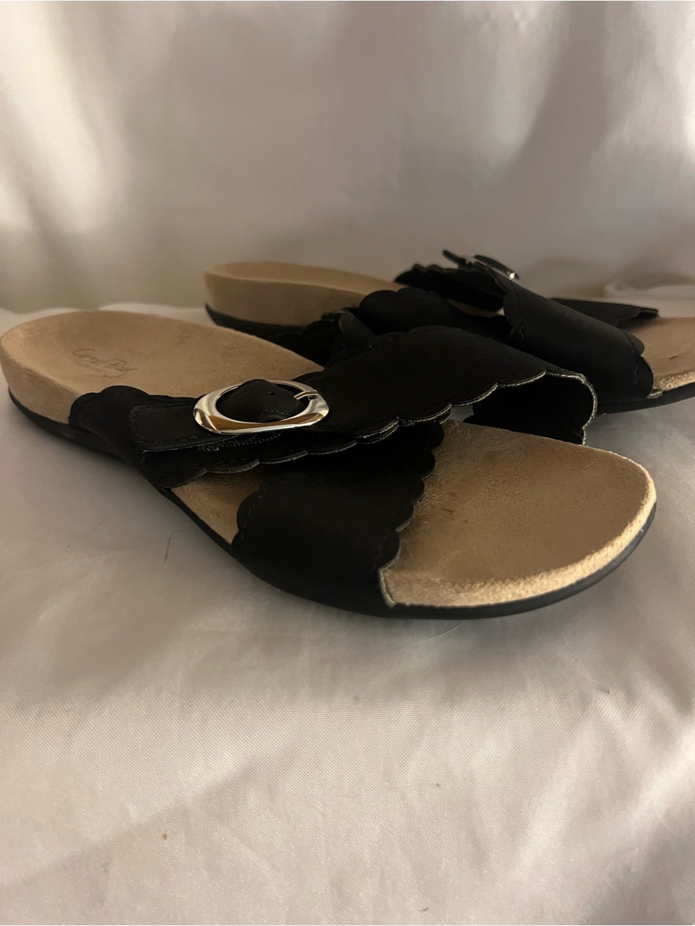 Coral Bay Black Scalloped Slide Sandals with Silver Buckle